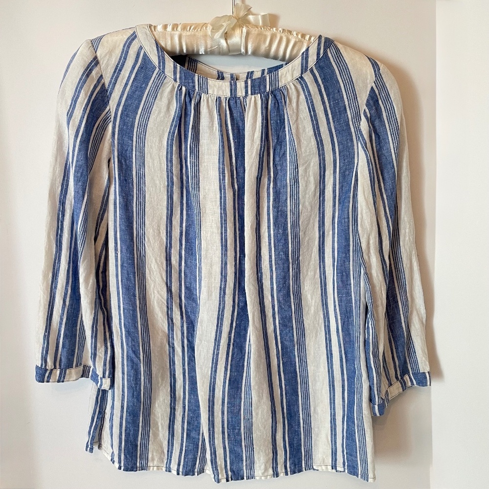 Boden Linen Katie Top Button Back Blue White Stripe 2
